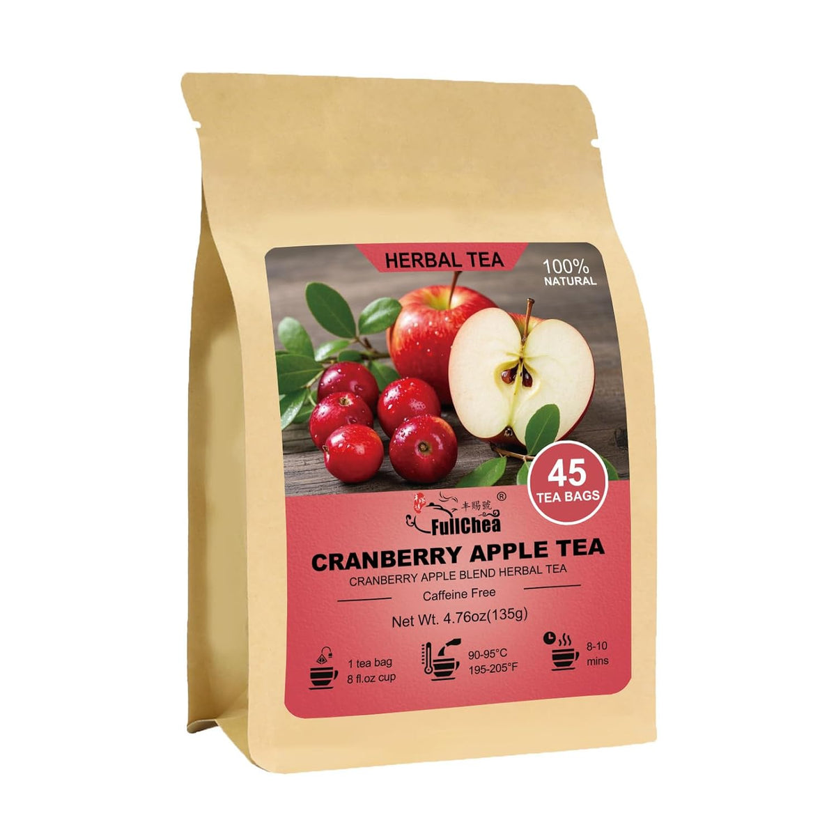FullChea Cranberry Apple Tea Bags, 45 Counts, Fruit Herbal Blend, Non-GMO | Blended With Apple, Hibiscus, Rose &amp; Licorice, Naturally Sweet Tart Taste, Caffeine-Free, Wellness Support