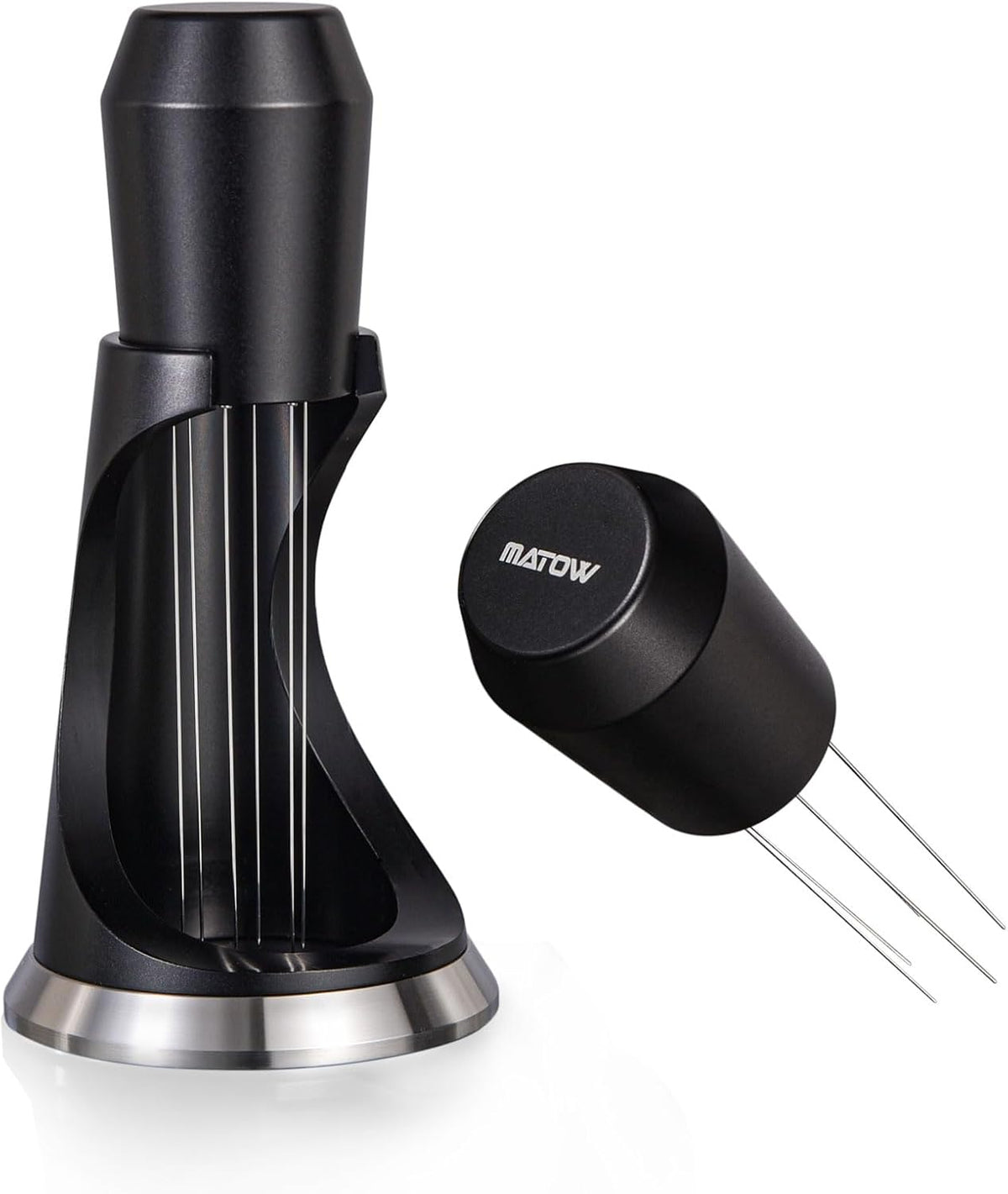 MATOW 6 Prong WDT Espresso Tool with Weighted Stand | 0.4mm Thin Pins, Anodized Aluminum Handle, Self Aligning Catch Tray Stand, Reduce Channeling