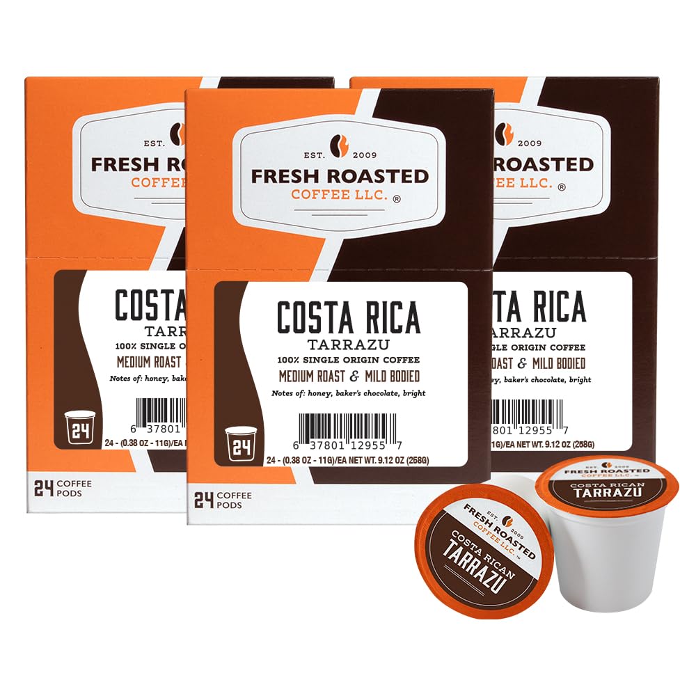 Fresh Roasted Coffee, Costa Rica Tarrazu K-Cup Pods for Keurig Brewers, Medium Roast, Kosher, 24 Count (Pack of 3)