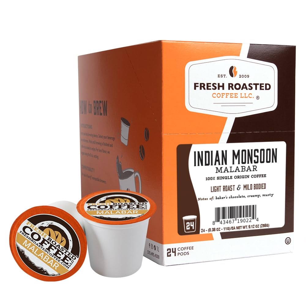 Fresh Roasted Coffee, Indian Monsoon Malabar K-Cup Pods for Keurig Brewers, Light Roast, Kosher, 24 Count (Pack of 1)