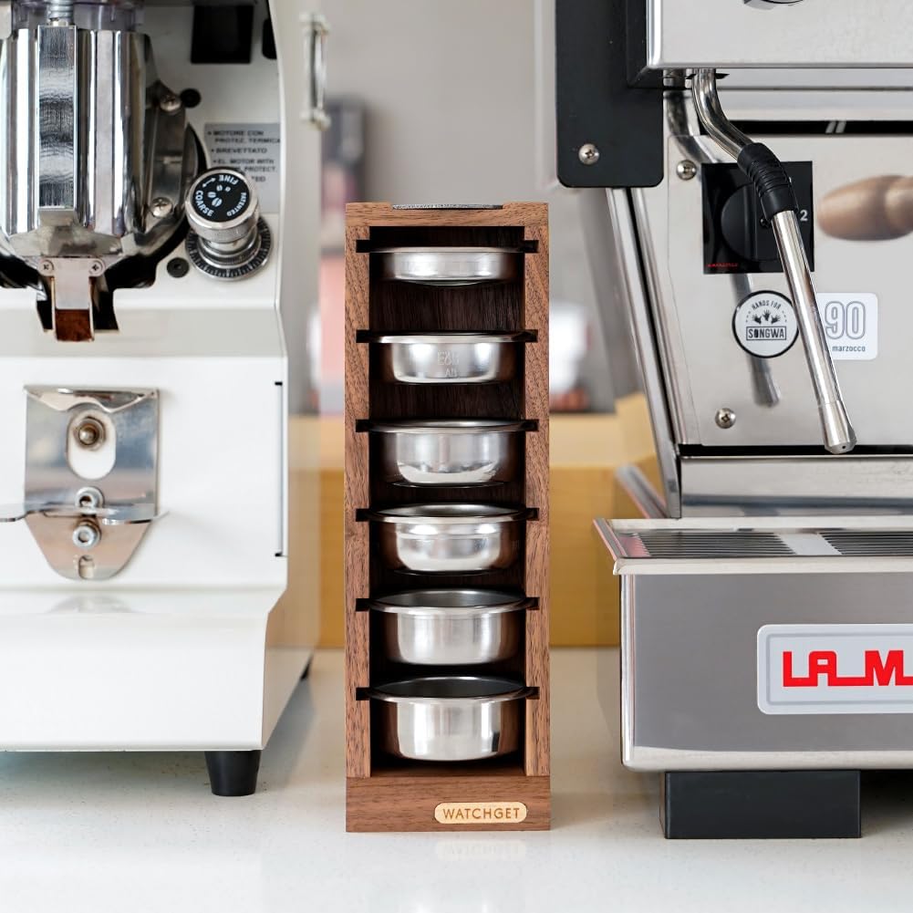 watchget 58mm Espresso Filter Basket Stand Portafilter Basket Holder Rack | Holds 6 Espresso Filter Basket; Puck Screen Holder; Walnut Wood