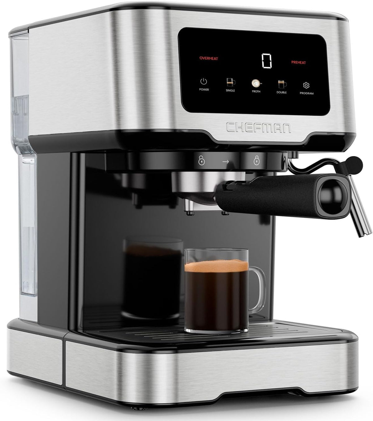 Chefman CraftBrew Espresso Machine, 15-Bar Pump Digital Espresso Maker w/Steam Wand for Latte &amp; Cappuccino, Compact Espresso Coffee Machine w/ 1.5L Removable Water Reservoir - Stainless Steel