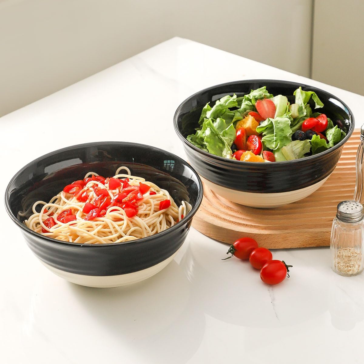 HASENSE Large Porcelain Serving Bowls Set of 2, 60 Oz 8.5 Inch Black &amp; Beige Stoneware Mixing Bowls, Farmhouse Bowls for Salad, Soup &amp; Pasta, Dishwasher &amp; Microwave Safe