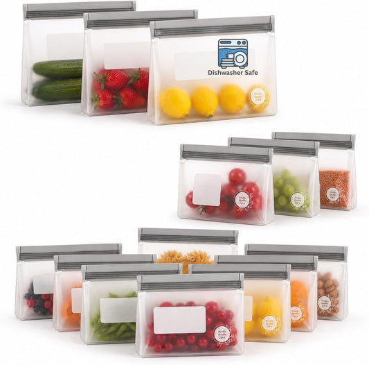 Reusable Silicone Food Storage Bags – 14-Pack Stand-Up, BPA-Free, Freezer, Dishwasher Safe & Eco-Friendly – 3 L, 8 M, 3 S Bags – Airtight Leakproof, Sandwich, Snack, and Meal Prep Baggies (Grey)