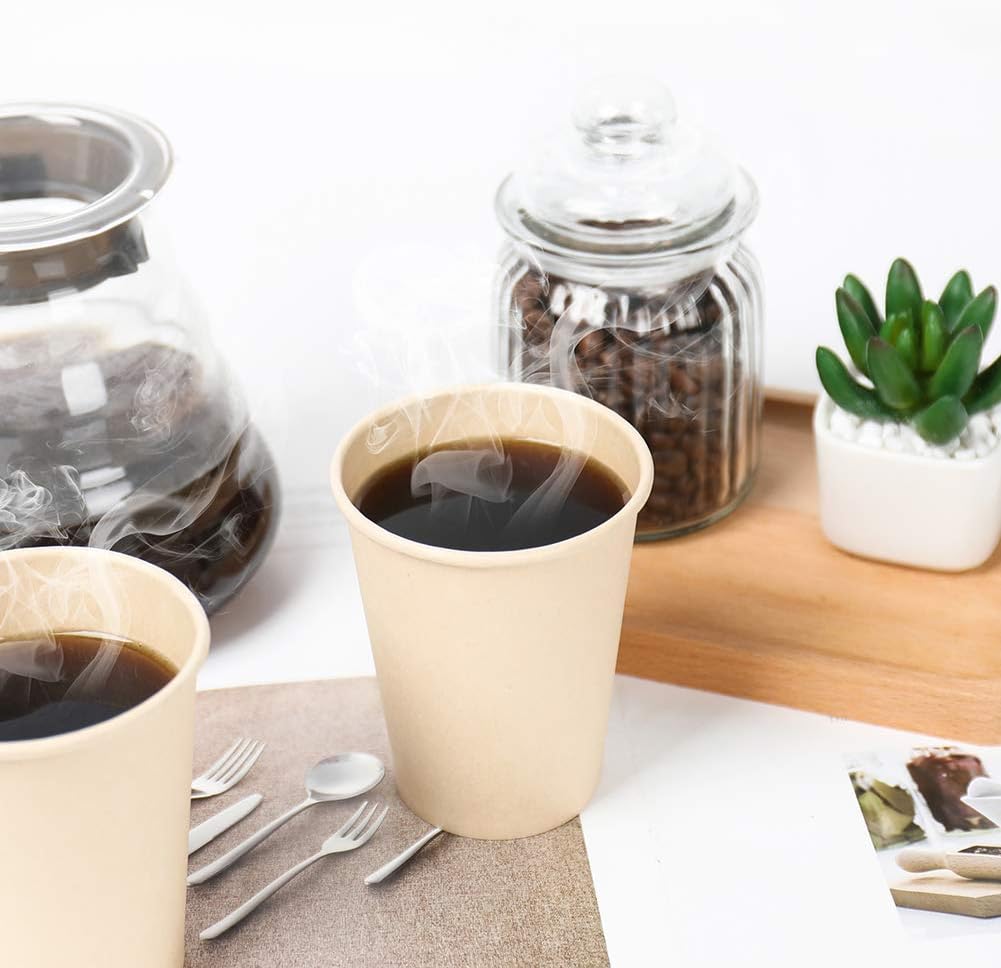 10 oz Disposable Light Brown Paper Coffee Cups Bamboo Fiber 120 Pack