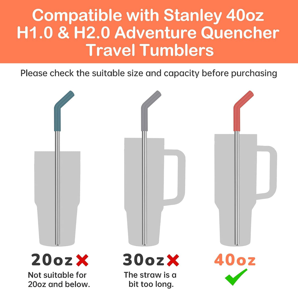 Tomorotec 6PCS Stainless Steel Straws with Silicone Tip Fit for Stanley Cup
