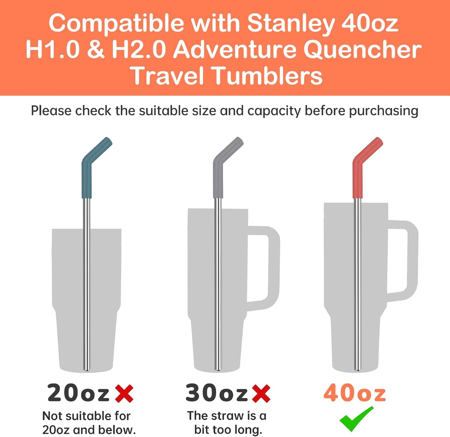 Tomorotec 6PCS Stainless Steel Straws with Silicone Tip Fit for Stanley Cup