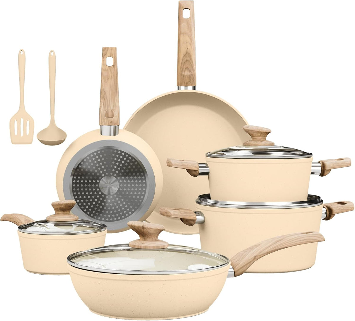 Kitchen Academy Induction Pots and Pans Set Non Stick - 12Pcs Beige Nonstick Kitchen Cookware Set, Granite Cooking Pans Set