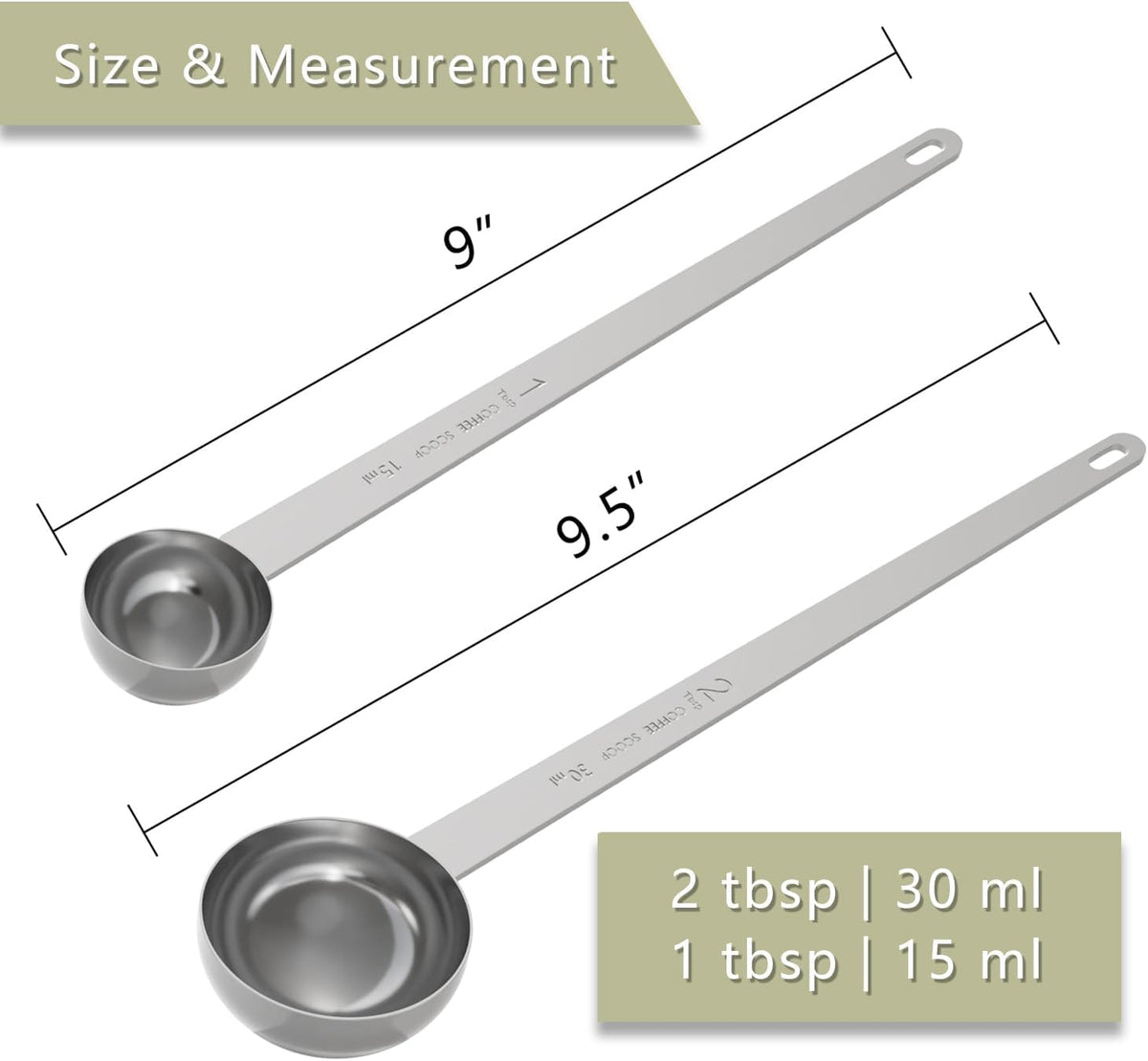 Extra Long Handle Coffee Scoop Set, 1tbsp &amp; 2tbsp Measuring Spoon | 15ml + 30ml, Food-Grade Stainless Steel, Accurate Measurement, Dishwasher-Safe, Engraved Marking, Coffee Ritual Essential