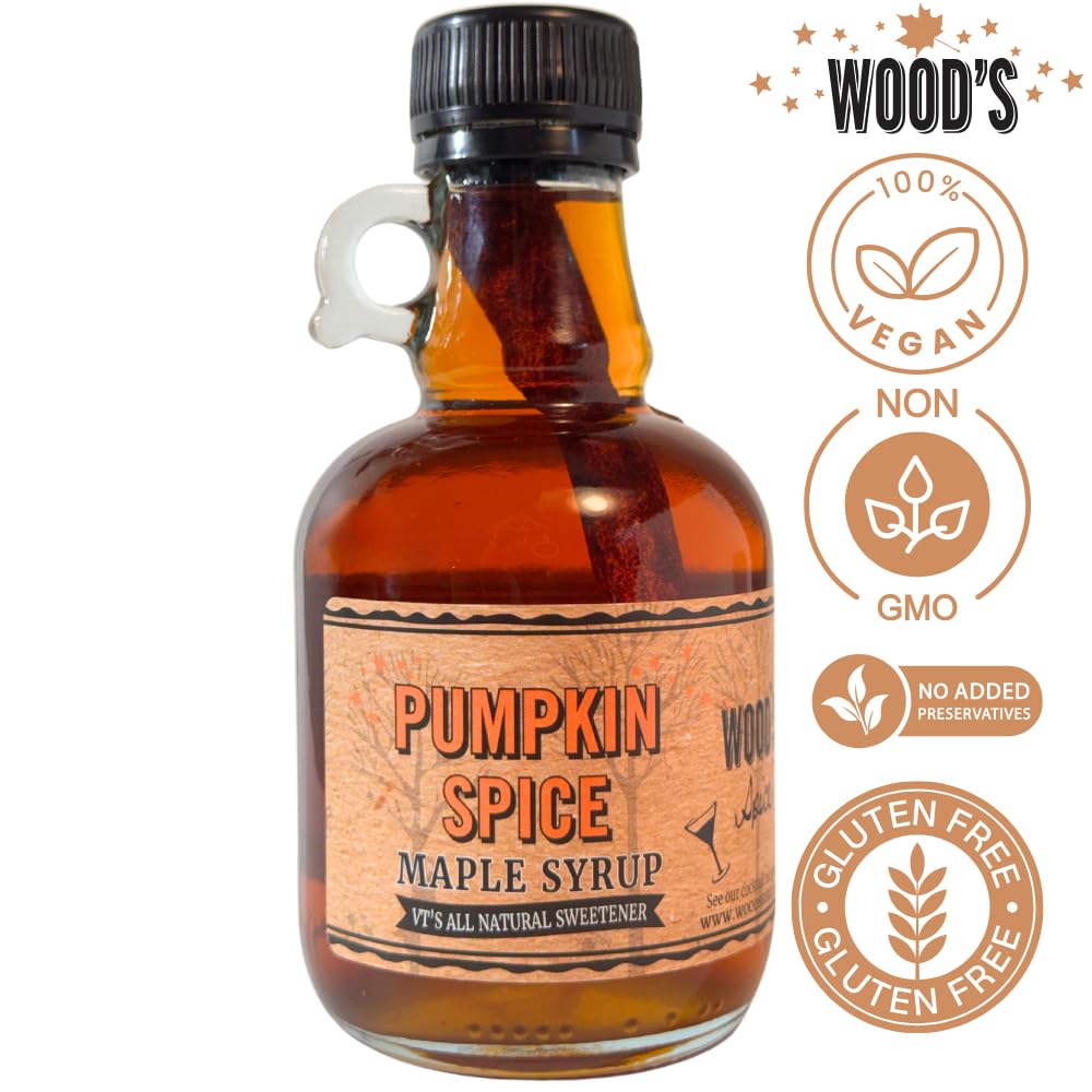 WOOD'S Pumpkin Spice Maple Syrup – Small-Batch Vermont Maple Syrup Infused with Cozy Fall Spices | Natural, Vegan Sweetener for Coffee, Pancakes, Baking &amp; More | 8.45 Fl Oz (250mL)