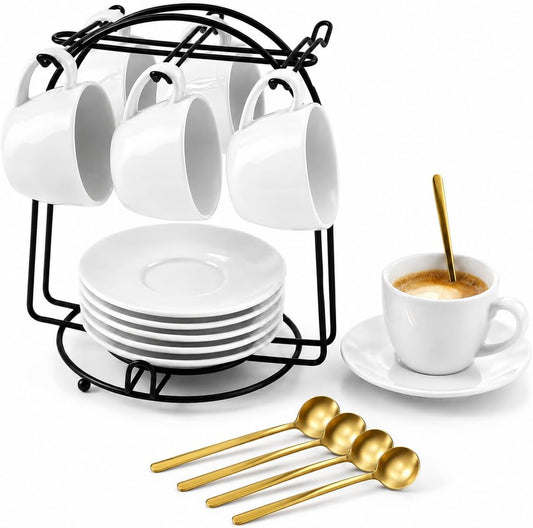 4 oz Espresso Cups Set of 6 with Saucers, Spoons and Black Stand