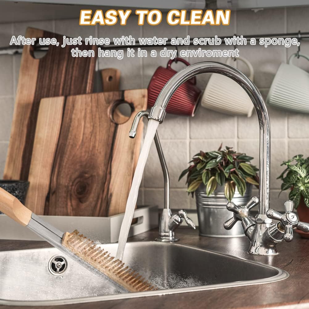 Pizza Oven Brush, 21" Brush and Stainless Steel Scraper for Pizza Stone, BBQ Grill Cleaning Brush Non Scratch Heat Proof Brass Bristles with Screwdriver, Outdoor Pizza Oven and Accessories