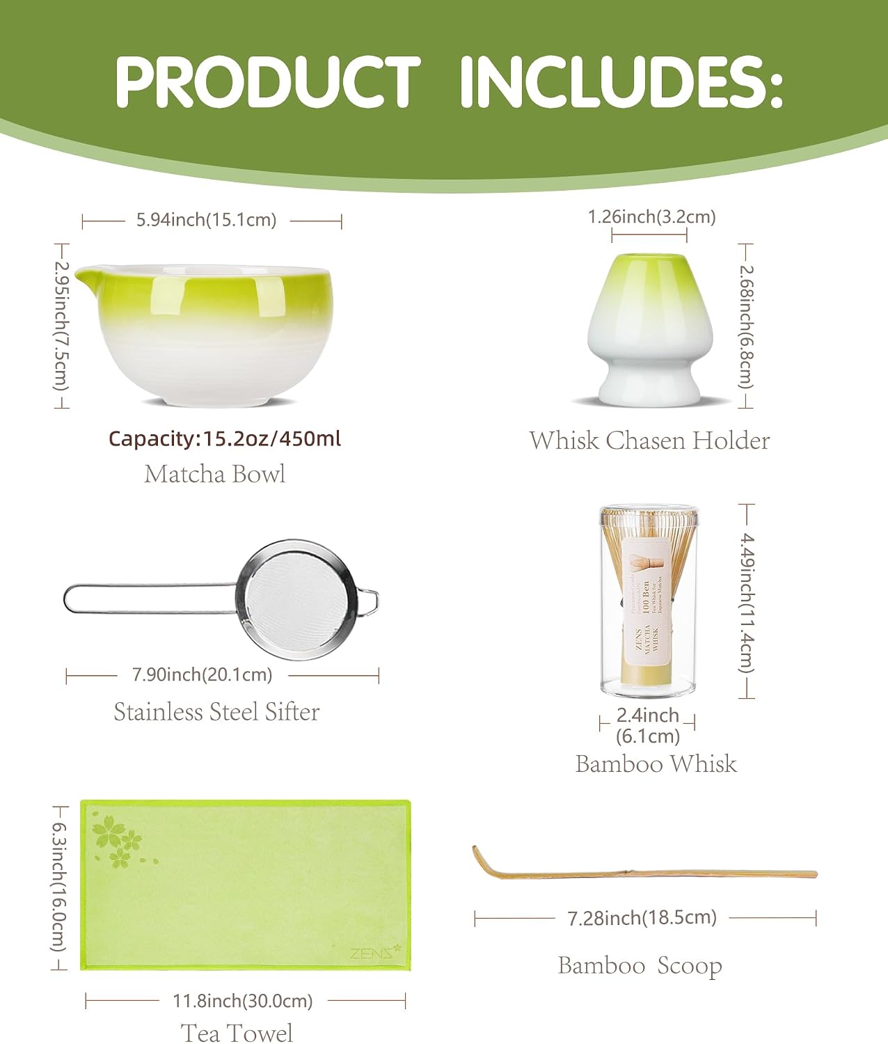 ZENS Premium Matcha Whisk Set, 6pcs Matcha Kit for Tea Ceremony, Green