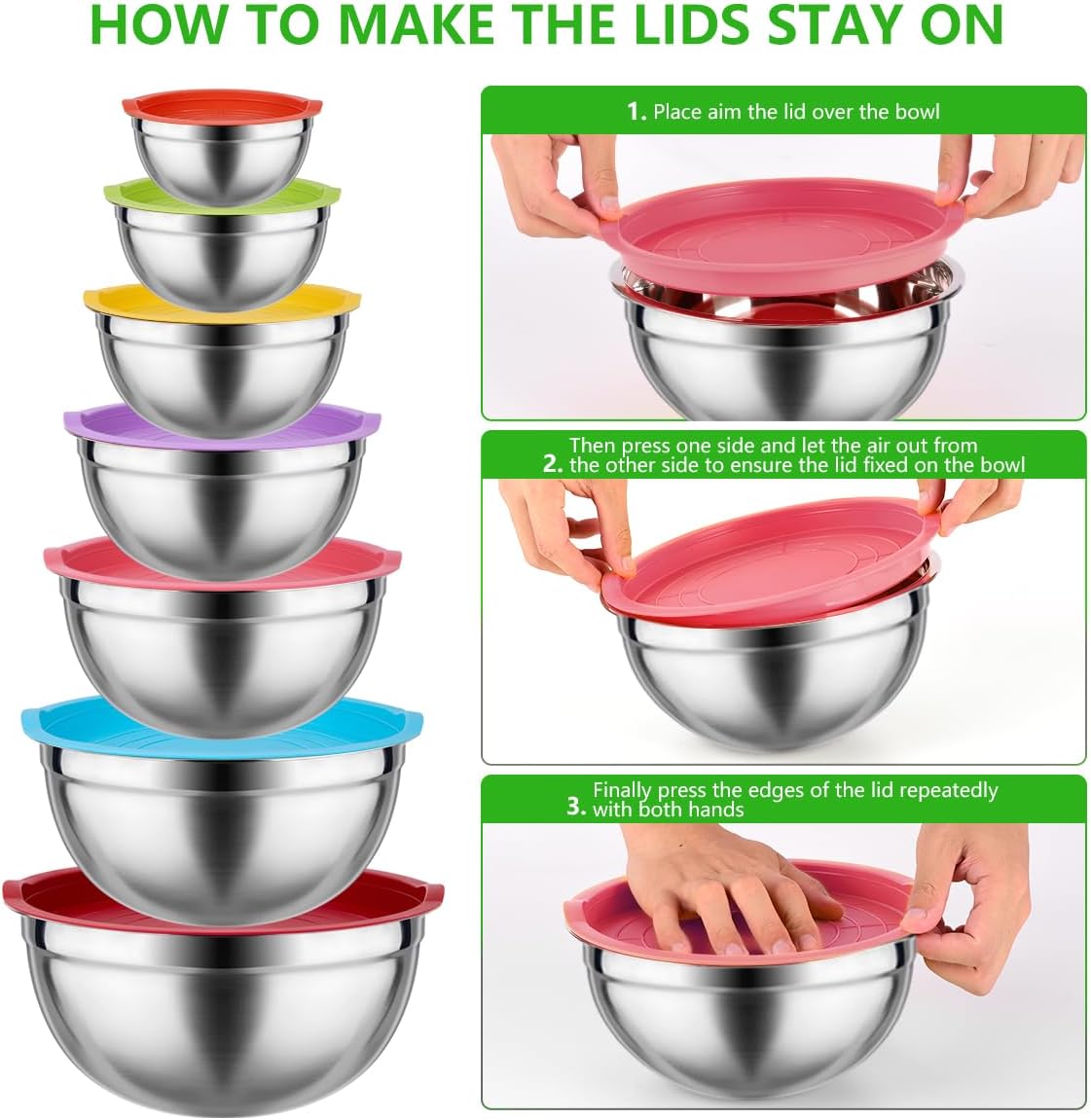 Leidawn Mixing Bowls with Lids Set, 25 PCS Colorful Mixing Bowl for Kitchen | Stainless Steel Nesting Bowls for Baking, Mixing, Serving &amp; Prepping, Size 5, 3.7, 2.8, 2.3, 1.7, 1.1, 0.7QT, 11 Utensils