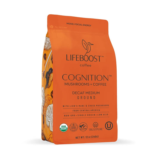 Lifeboost Cognition Decaf Mushroom Coffee - Low Acid Decaf Medium Organic Coffee with Lions Mane & Chaga Mushrooms -