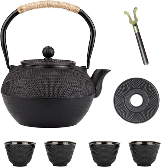 YJX Cast Iron Tea Pot Set, Japanese Tetsubin, 40.6oz Tea Kettle for Stovetop, Black Teapot with Stainless Steel Infuser for
