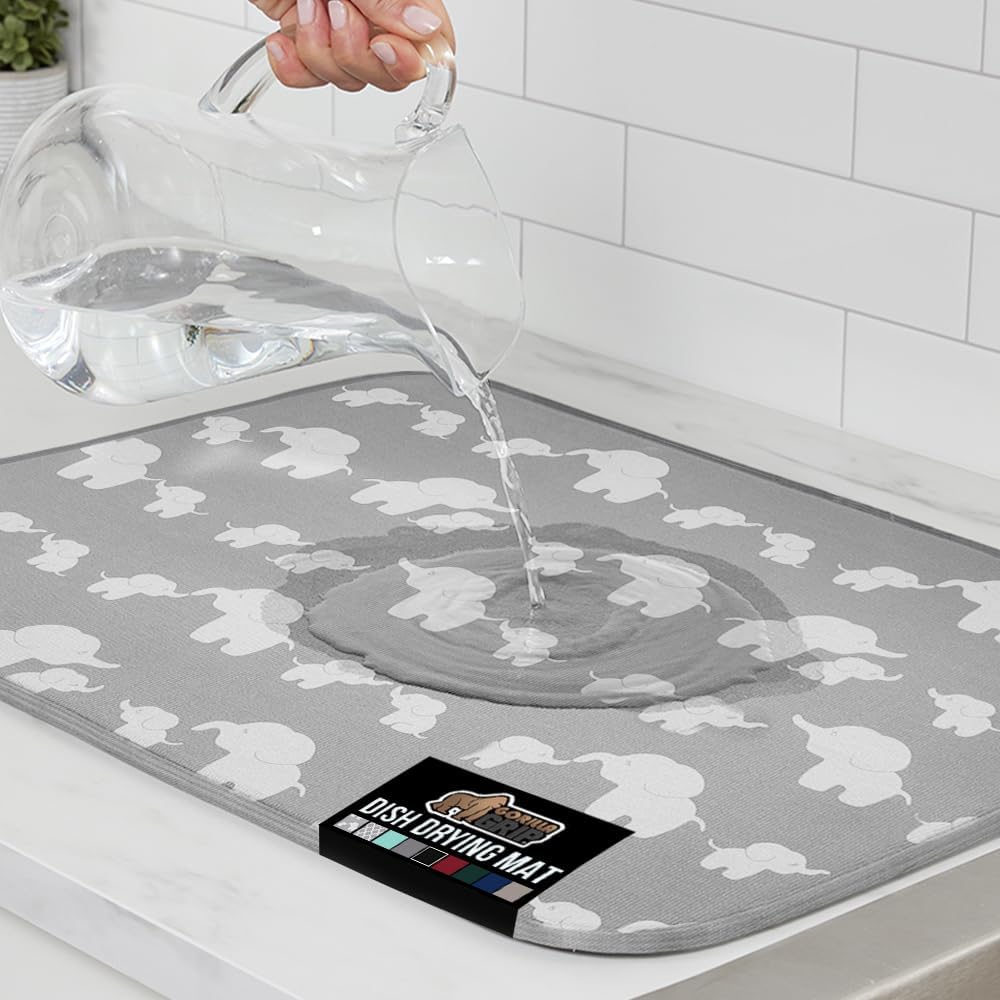 GORILLA GRIP Ultra Water Absorbent Microfiber Dish Drying Mat, Quick Dry Thick Mesh, Slip Resistant Pad for Sink Dishes or Under Rack, Kitchen Counter Accessories, 16x18, Machine Wash Mats, Elephants
