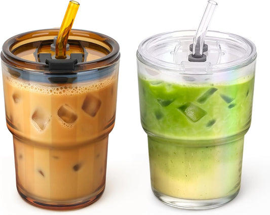 13 oz Glass Tumbler with Glass Straw and Lid, Leak-Proof Reusable Travel Cup for Iced Coffee, Tea, Matcha, Fruit Juice –