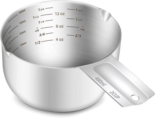 1PCS 2Cup (480ml, 16oz) Single Measuring Cup, Etched Inner Scale Stainless Steel Measure Scoop, Metric and US Measurement,