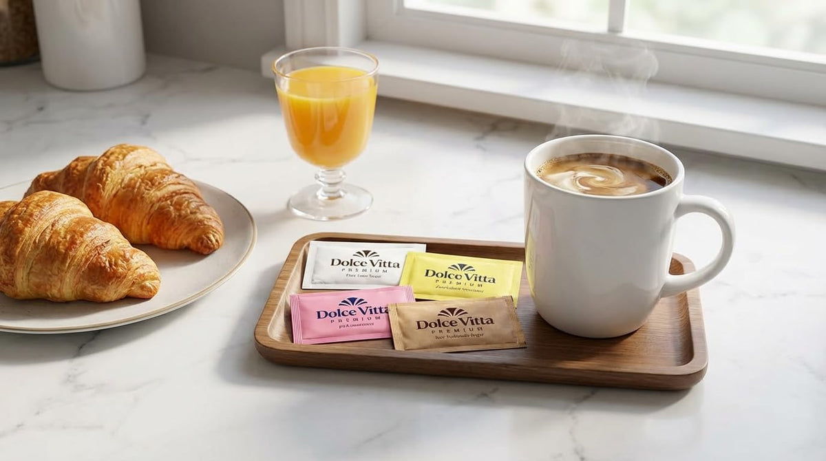 Dolce Vitta Sugar Packets &amp; Sweetener Variety Pack, 300 Count | Individual sugar &amp; sweetener packets in 5 types: Stevia, Sucralose, Saccharin, pure cane &amp; turbinado sugar for coffee or tea