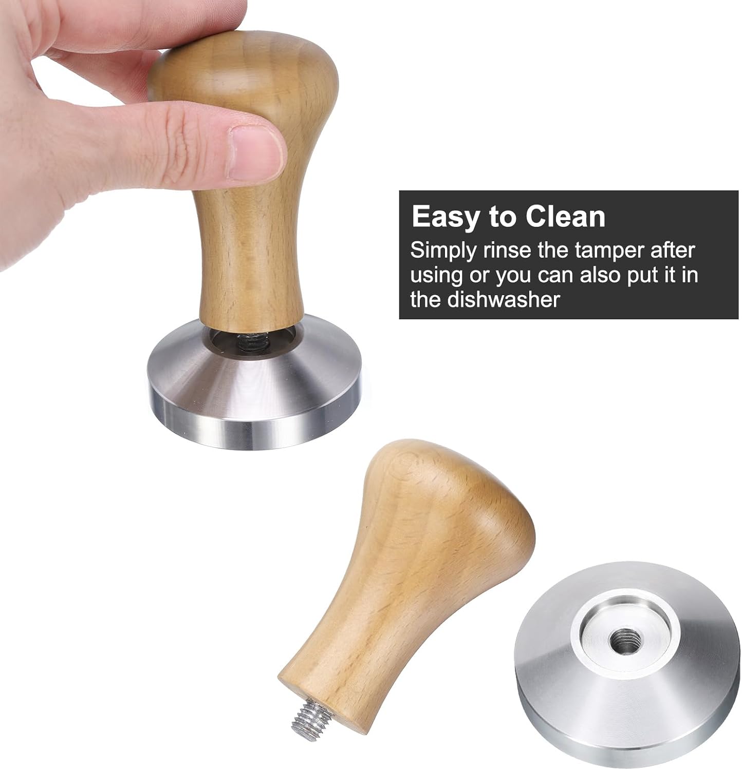 uxcell 51mm Espresso Tamper, Stainless Steel Press Tool Tamper with Wooden Handle, Espresso Accessories for Baristas, Home, Shops, Cafe (Flat Base, Light Wooden)