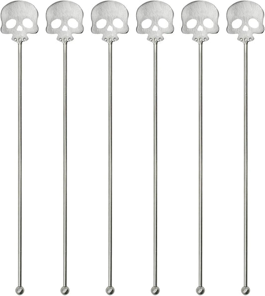 6Pcs Skull Swizzle Sticks 8.7inch Coffee Stirrers Reuseable 18/10(304) Stainless Steel Beverage Cocktail Stirrer for Bar