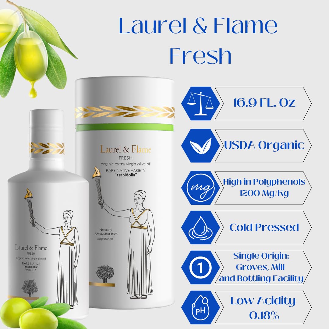 Laurel &amp; Flame Fresh - Extra Virgin Olive Oil - "Best Greek Olive Oil" Award - Cold Pressed - Polyphenol Rich (1,212 MG/KG) - USDA-Organic - 90X Hydroxytyrosol Polyphenols - Early Harvest - Single Origin - Rare Local Olive Variety - 500 ml (16.9 fl oz