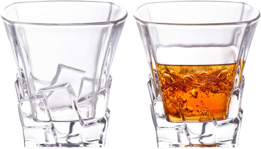 KAMMAK 330ml Ice Cube Whiskey Glass, Square - Shaped Crystal Clear Heavy - Base Tumbler for Bourbon, Scotch, Cocktails - Ideal for Home Bars and Gifting