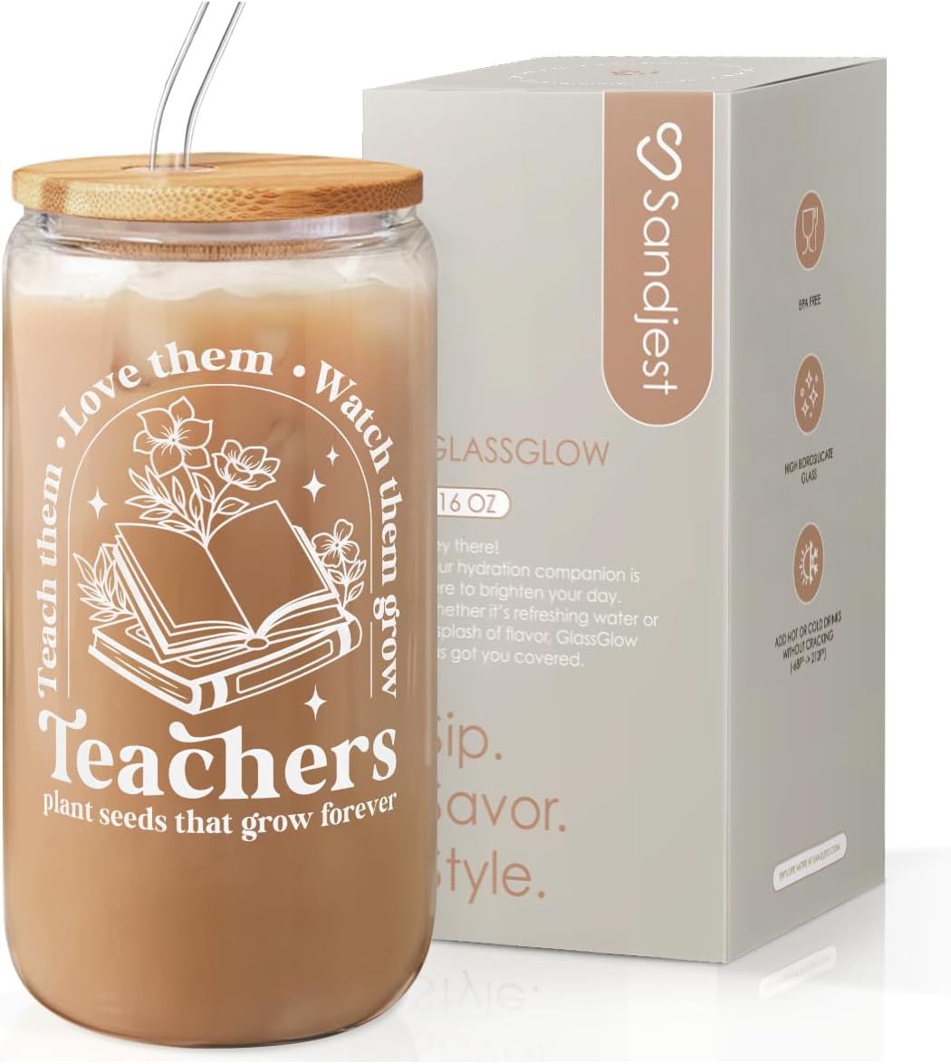SANDJEST Teacher Glass Can, Teachers Plant Seeds That Grow Forever Cup with Lid &amp; Straw, Coffee Aesthetic Cups, Gift for Christmas Teacher Appreciation, Gifts for Women, 16oz