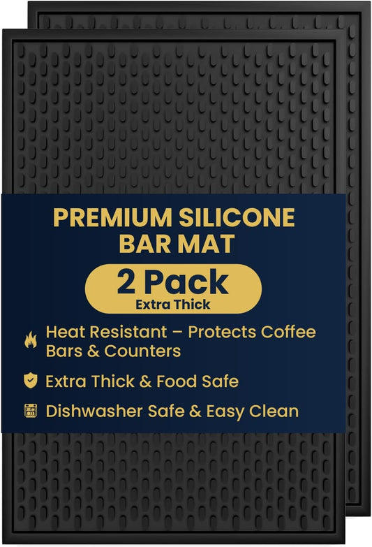 2 Pack Silicone Bar Mat - 1/2 Inch Thick Heat-Resistant and Food Safe Drip Mat - Spill Mats for Counter Top - Kitchen