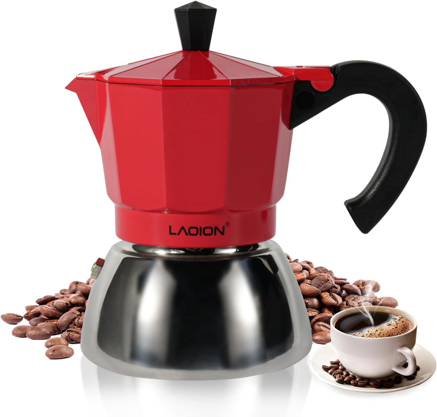 LAOION Stovetop Espresso Maker, 3Cup Moka Pot, Espresso Machine | Compatible with Induction Cooktops, 150ml Stainless Steel &amp; Aluminum Cuban Coffee Maker for Cafetera Cubana, Red