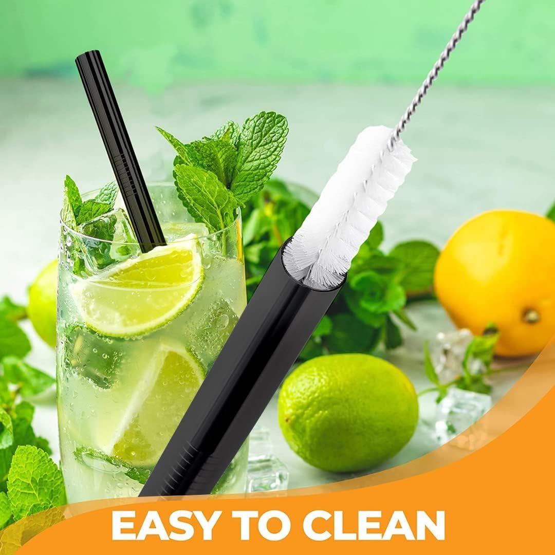 Vinaco 6 Pack Black 0.4" Wide Bore Reusable Stainless Steel Smoothie Straws