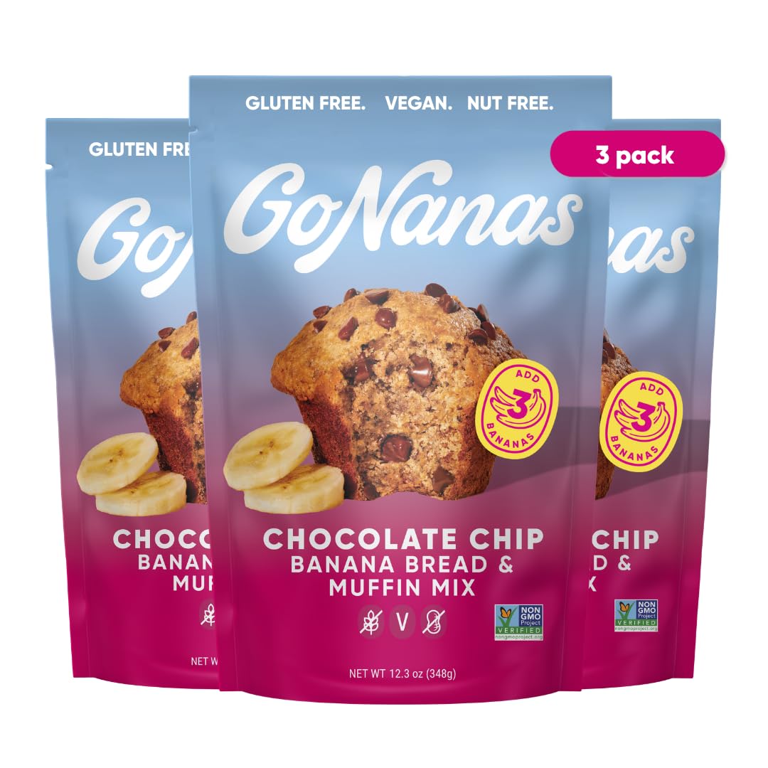 GoNanas Chocolate Chip Banana Bread &amp; Muffin Mix, Gluten Free Vegan, 3 Pack | Dairy Free, Nut Free, Soy Free | Allergen Friendly | Better for You | Customizable | Bakes 12 Muffins or 1 Loaf | Women-Owned