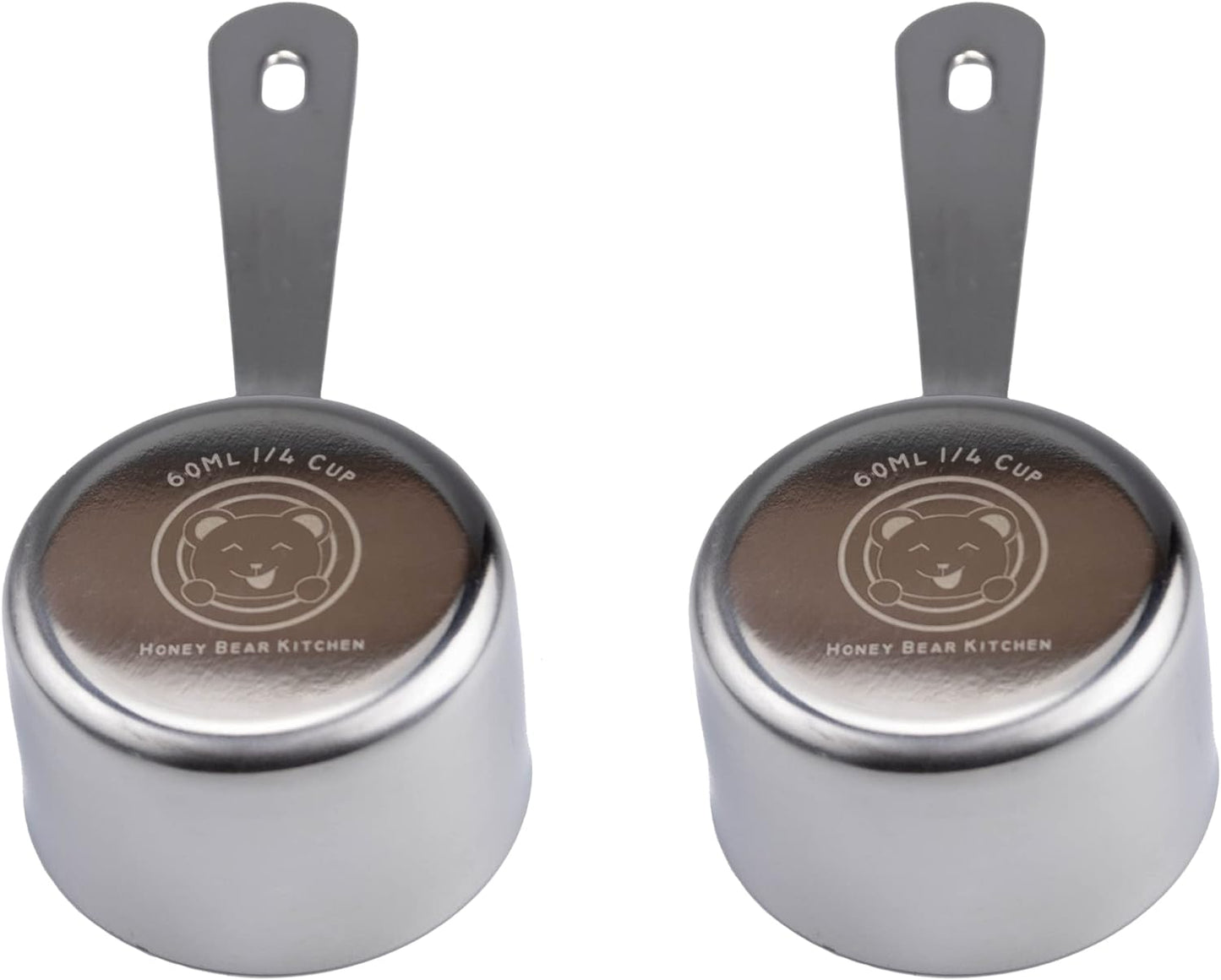 Honey Bear Kitchen 1/4 Cup 60 ml Leave-in Measuring Scoop Cups v2, Polished Stainless Steel (Set of 2)