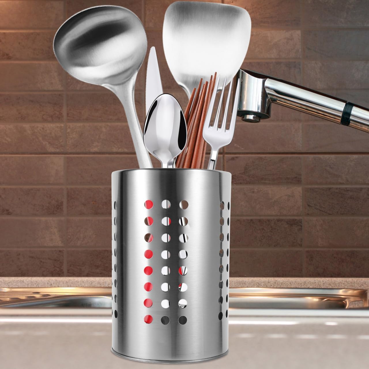 ULTECHNOVO Stainless Steel Cutlery Holder Self-Draining Kitchen Utensil Holder for Chopsticks Spoons and Forks 7.00 X 4.72 X 4.72 in Countertop Drying Rack with Drain Holes