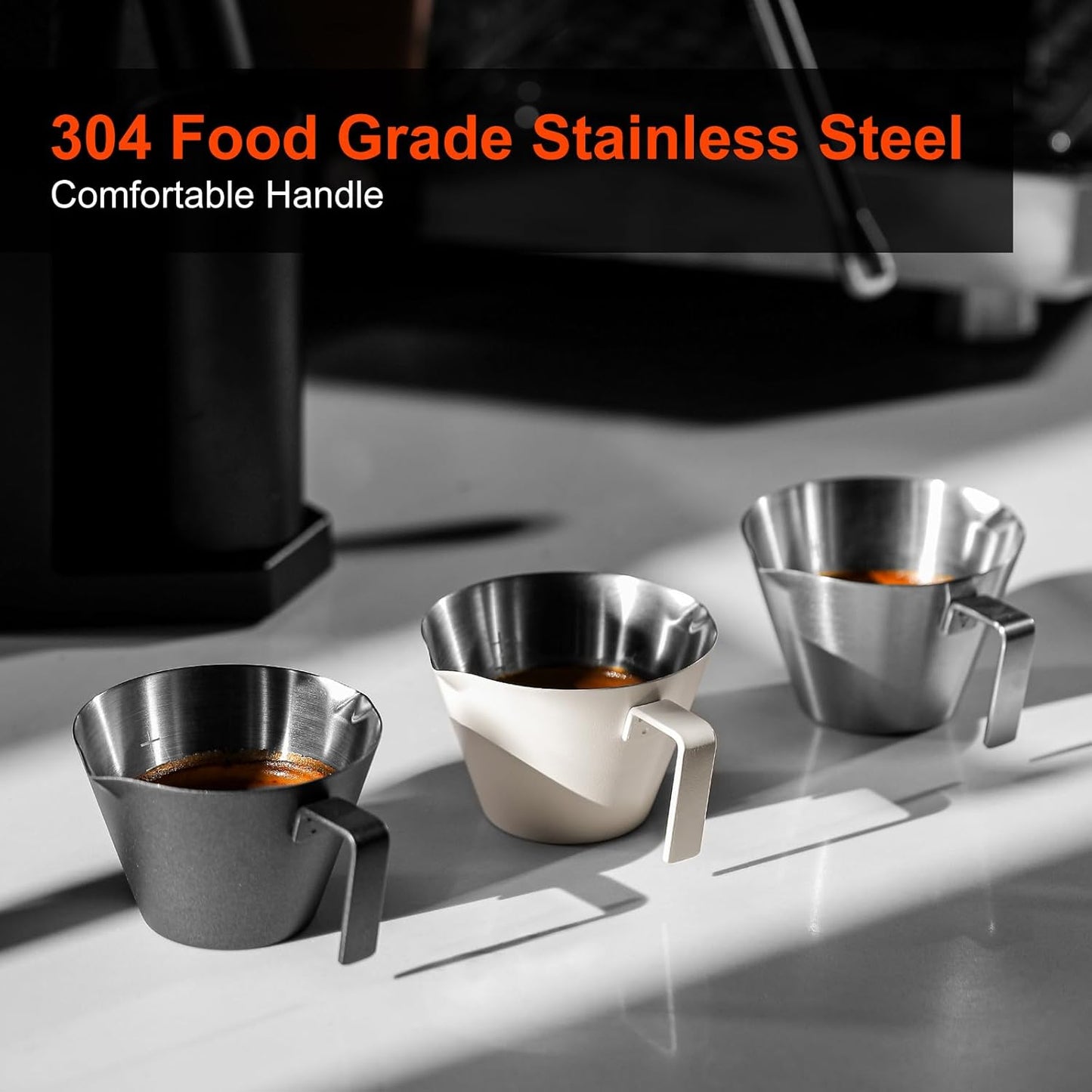 MHW-3BOMBER MHW-3BOMBER Espresso Measuring Cups 2Pcs with Handle, 1oz / 2oz / 3oz Double Spouts Stainless Steel Espresso Shot Cups with Scale, V-Shaped Mouth Espresso Pour Cup Black G6201B-OS