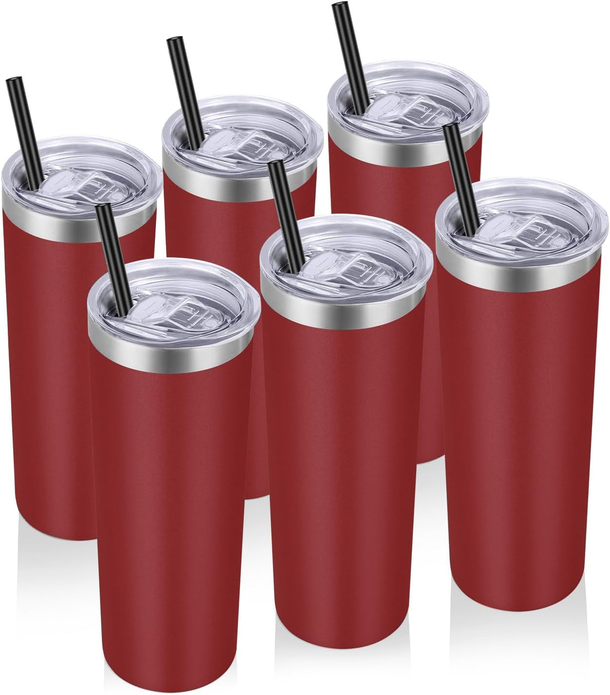 VEGOND 20 oz Stainless Steel Skinny Tumbler with Lids and Straws, 20oz Vacuum Insulated Slim Tumbler Cup, Double Wall Travel Tumblers Bulk for Cold Hot Drinks, Red 6 Pack