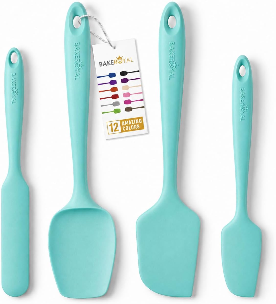BakeRoyal Silicone Spatula Set, 600°F Heat Resistant, 4 Piece BPA-Free Food Grade Silicone Kitchen Utensils Set for Baking, Cooking &amp; Mixing, Non Stick Silicone Cooking Utensils Set - Aqua