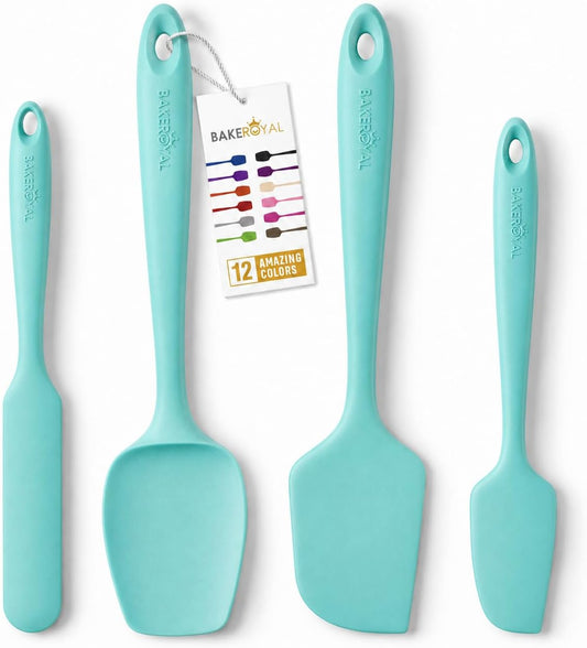 BakeRoyal Silicone Spatula Set, 600°F Heat Resistant, 4 Piece BPA-Free Food Grade Silicone Kitchen Utensils Set for Baking, Cooking &amp; Mixing, Non Stick Silicone Cooking Utensils Set - Aqua