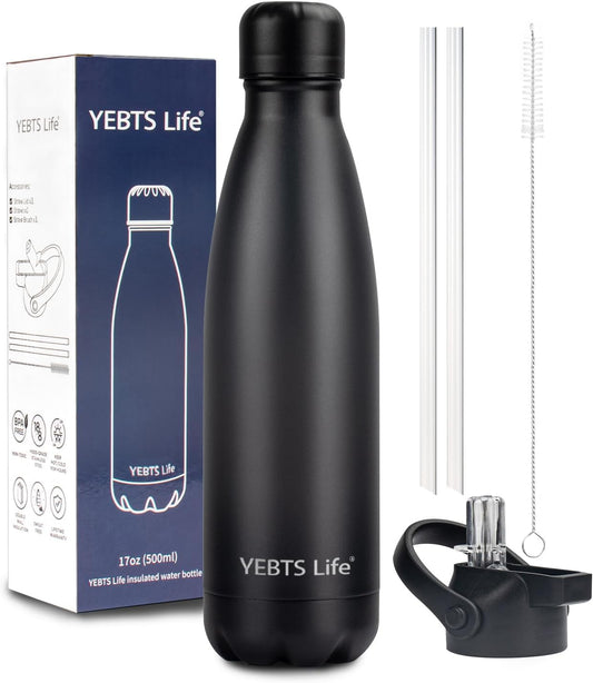 Insulated Water Bottle, 17oz Stainless Steel Water Bottles with straw lid, Metal Sports Water Bottles for Boys,Girls, Double Wall Vacuum BPA-Free Flask for School, Sports & Travel-Black