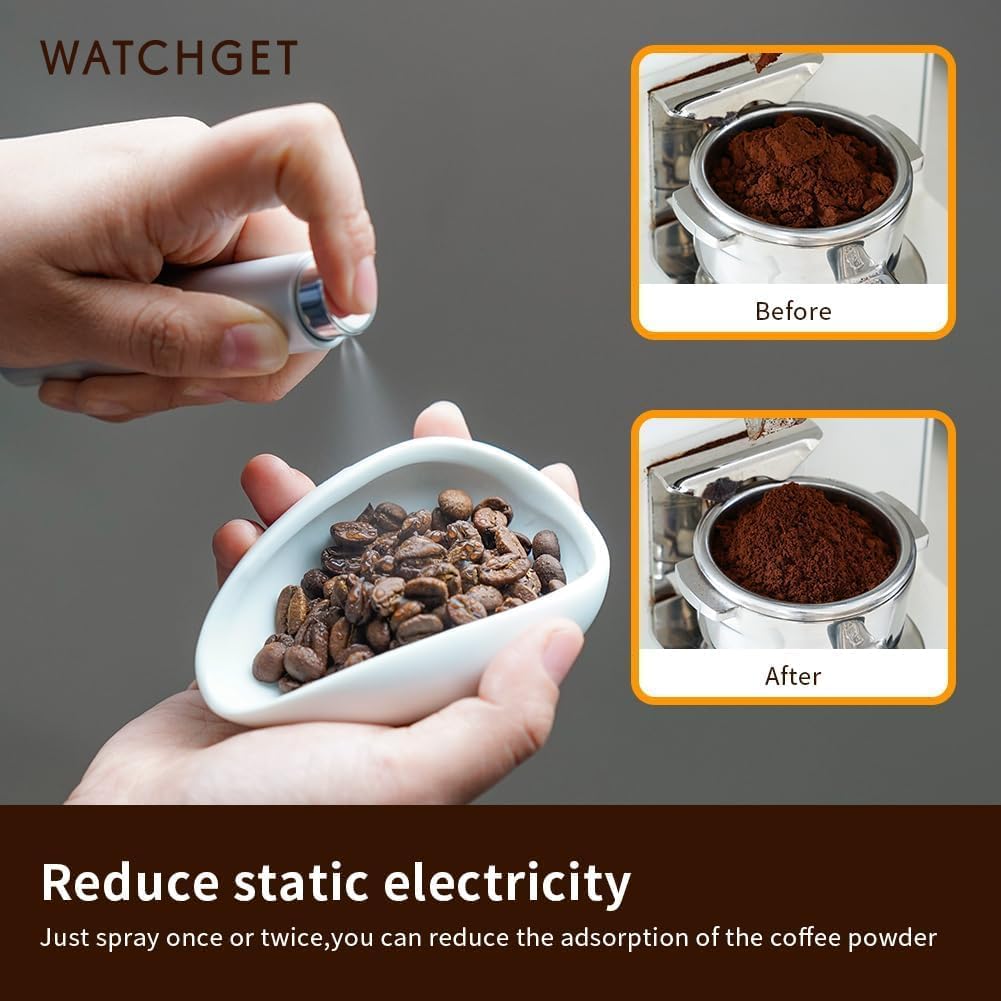 watchget Coffee Bean Dosing Cup &amp; RDT Spray Bottle Kit, White | 10ml Static Reducing Sprayer; Ceramic Single Dose Tray for Coffee &amp; Tea;Espresso Brewing Accessory for Home &amp; Espresso Bars