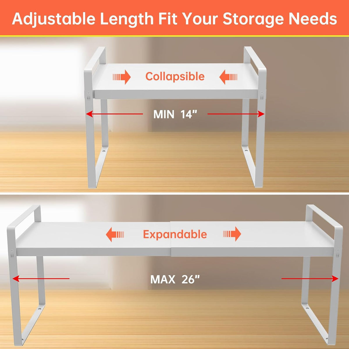 Expandable Cabinet Shelf Organizer, 14"-25" Adjustable Rack