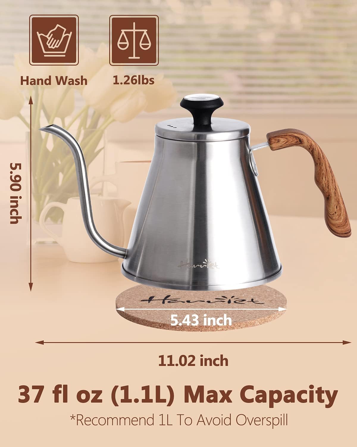Harriet 37 oz Gooseneck Kettle for Stovetop, Pour Over Coffee Kettle