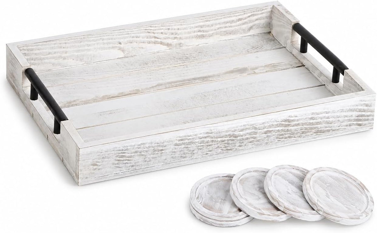 Whitewashed Wooden Serving Tray with Black Metal Handles and 4 Coasters, 16.1 x 11.8 Inch Rustic Farmhouse Ottoman Tray for Coffee Table, Living Room, Breakfast and Home Decor