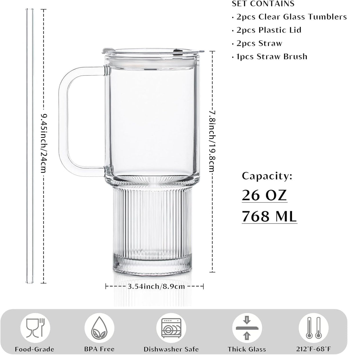 INSETLAN 24oz Glass Tumbler with Handle &amp; Lid – 2-Pack Large Iced Coffee Cups with Straws, Modern Glass Mug for Cold &amp; Hot Beverages, Aesthetic Glass Cups for Smoothies, Tea, and Juice