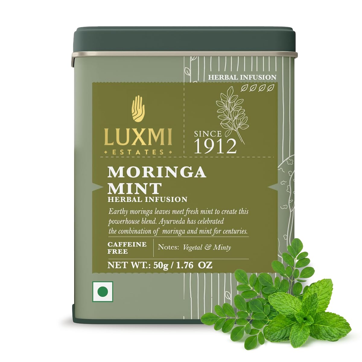 Luxmi Estates Moringa Mint Tea, Loose Leaf, 50g (1.76oz, ~25 Cups), Moringa Oleifera Leaf with Spearmint - Caffeine-Free Herbal Superfood Infusion, Vegan &amp; Non-GMO