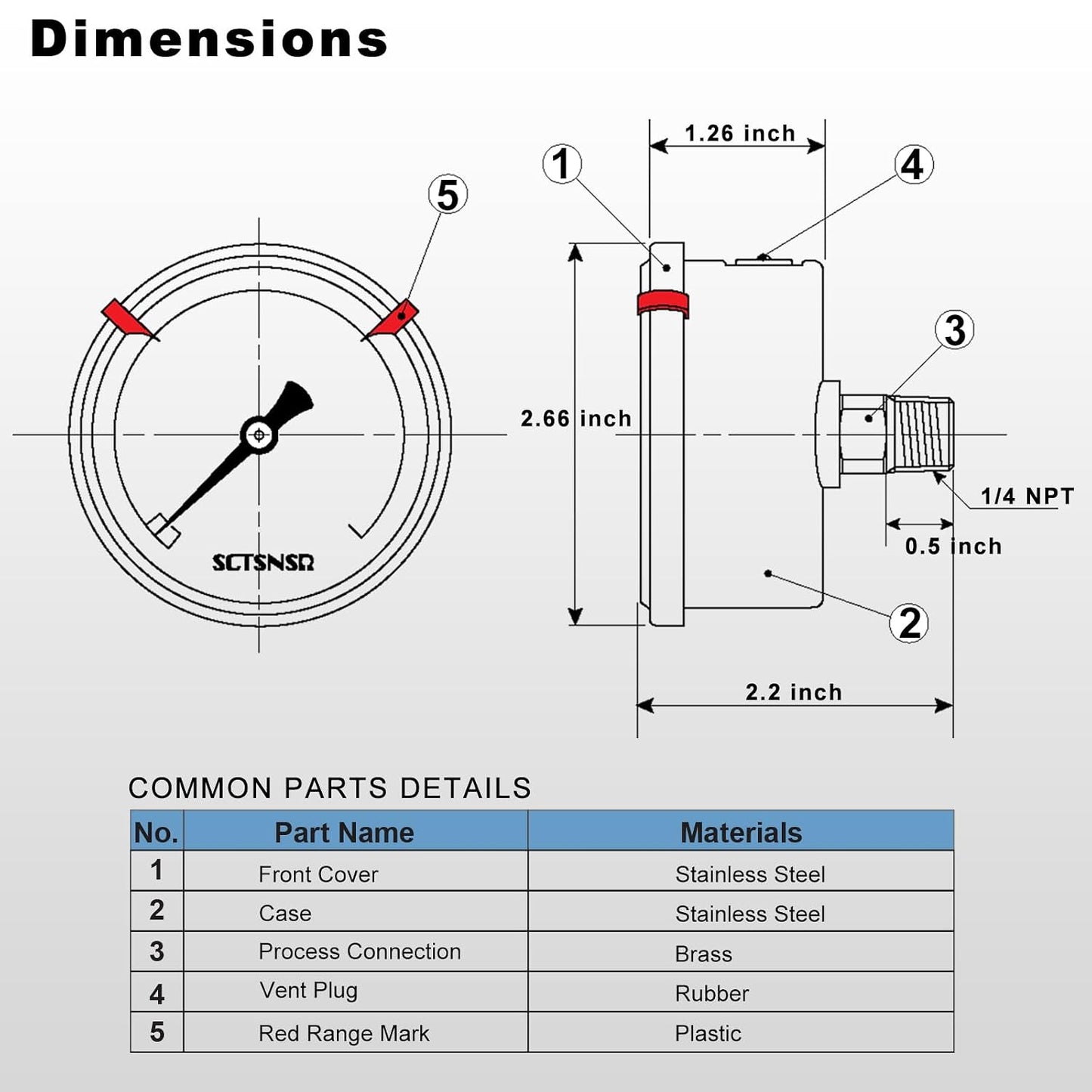 0 to 200 Psi Pressure Gauge, Liquid Filled, 1/4" NPT Back Mount