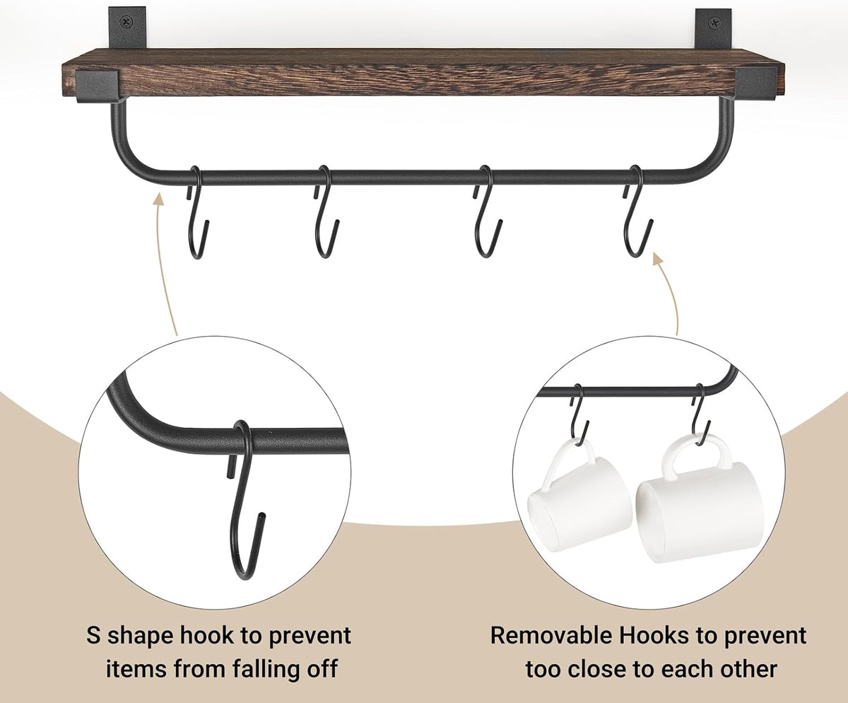 Mkono Coffee Bar Shelves, Wall Mounted Rustic Mug Rack with Hooks, 2 Pack