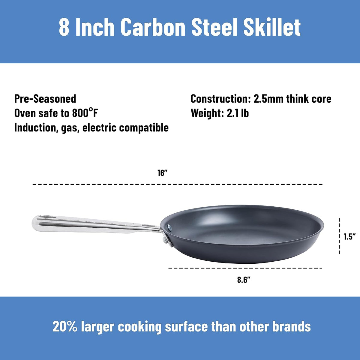 Misen 8 Inch Pre-Seasoned Carbon Steel Fry Pan – Lightweight, Even Heating, Heat Retention – Oven Safe to 500°F – Ideal for Searing, Sautéing, and Frying – Versatile Durable, Easy to Clean