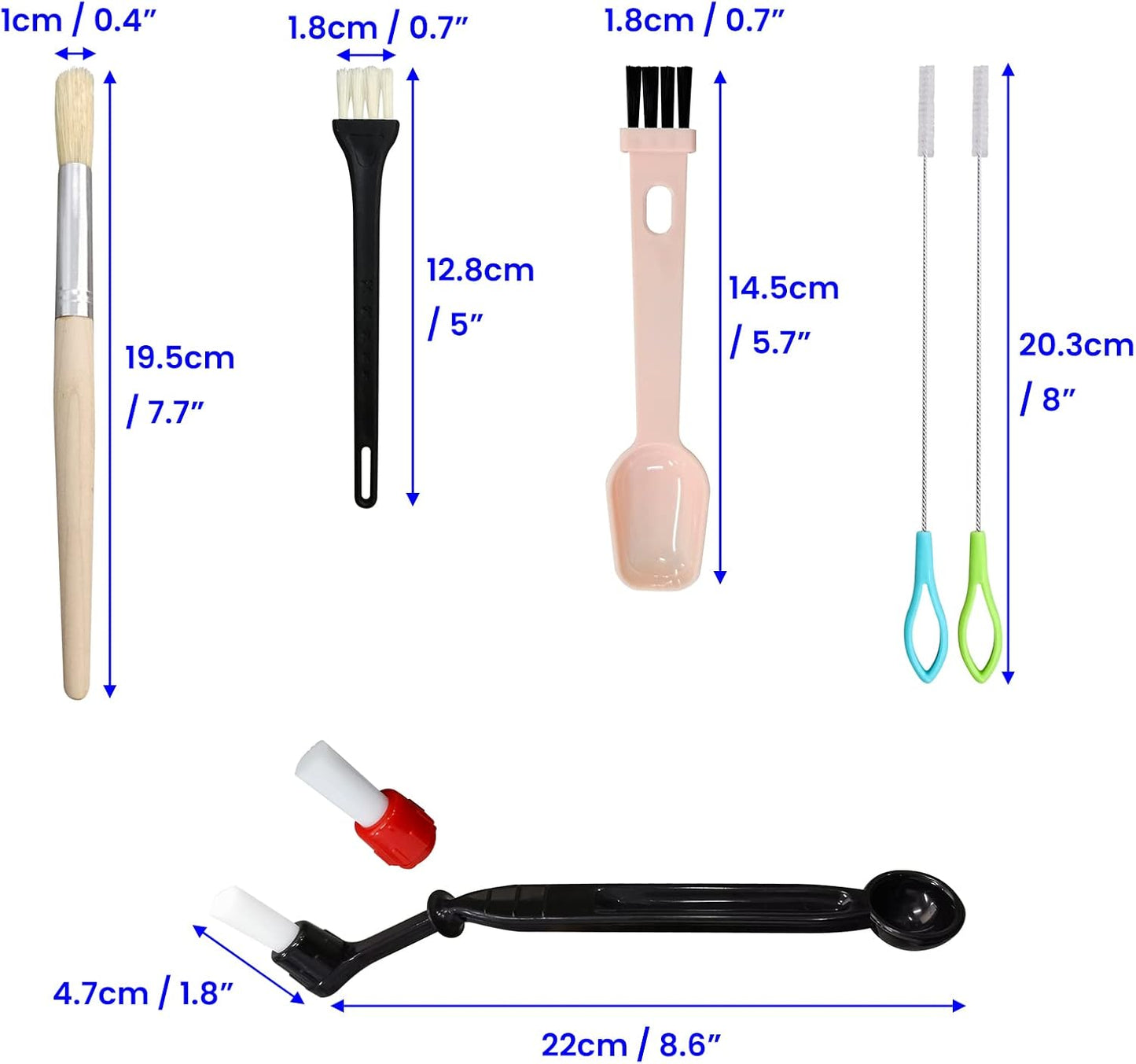 7 Pcs Coffee Machine Cleaning Brush, Espresso Machine Brush with Detachable Head, Wooden Plastic Brush with Bristles for Grinder, Plastic Spoon with Brush &amp; 2Pcs Espresso Steam Wand Brushes